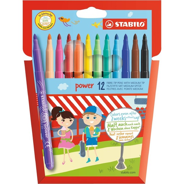 STABILO Power colouring pens assorted colours wallet of 12 (British brand)