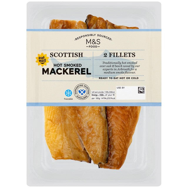 M&S hot smoked Scottish mackerel fillets 150g, imported from the UK