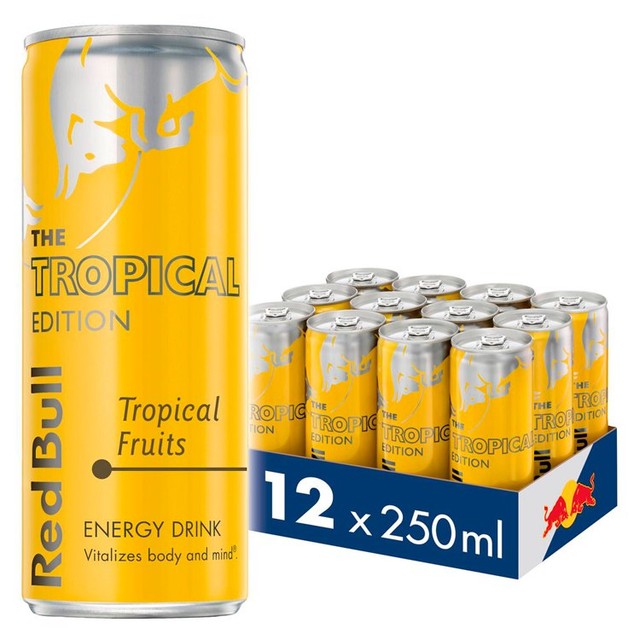 Red Bull Energy Drink Tropical Fruits 250ml can, imported from the UK