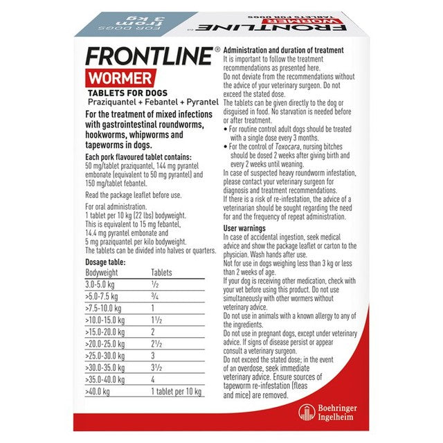 Frontline dog wormer tablets from 3kg 2 pack - British product