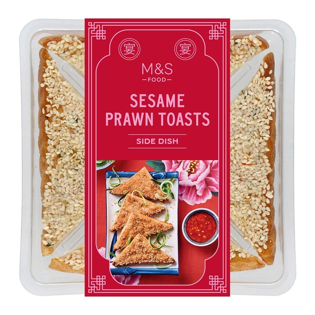 M&S prawn toast triangles with sesame seeds and spring onions, 115g pack, imported from the UK