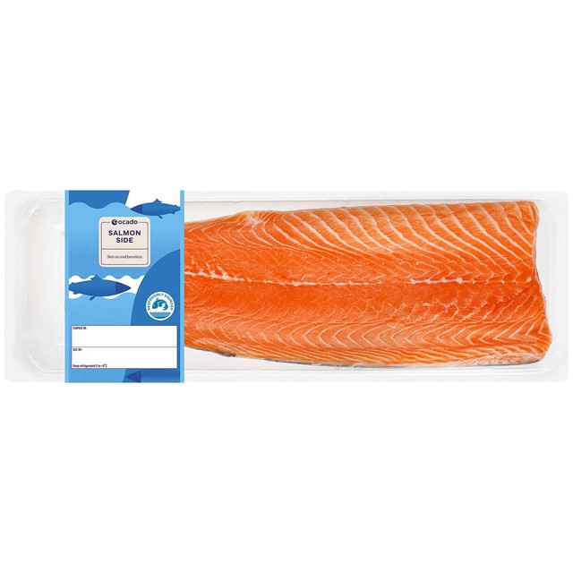 Ocado Salmon Side Skin On Boneless 1kg, imported from the UK
