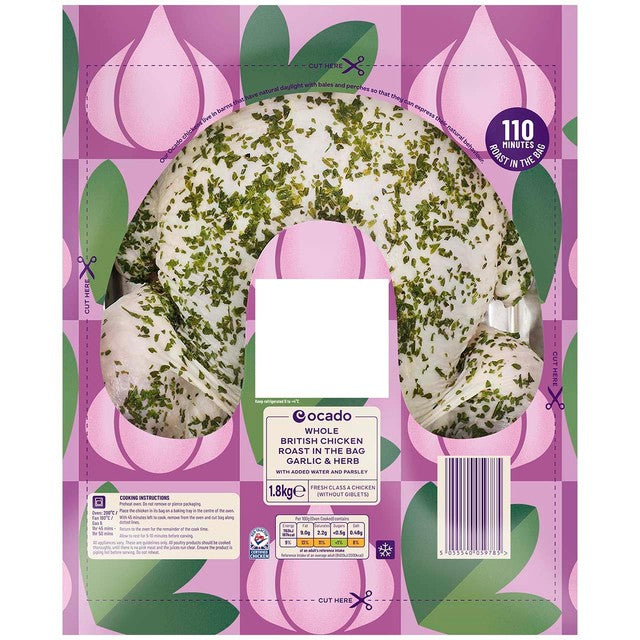Ocado garlic and herb whole chicken 1.8kg, imported from the UK