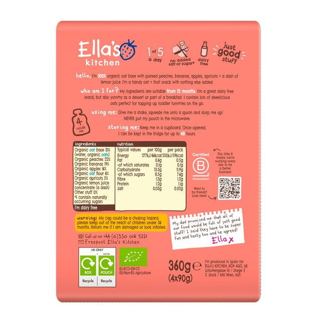Ella's Kitchen oaty peach and banana baby food pouch 4 x 90g - British product