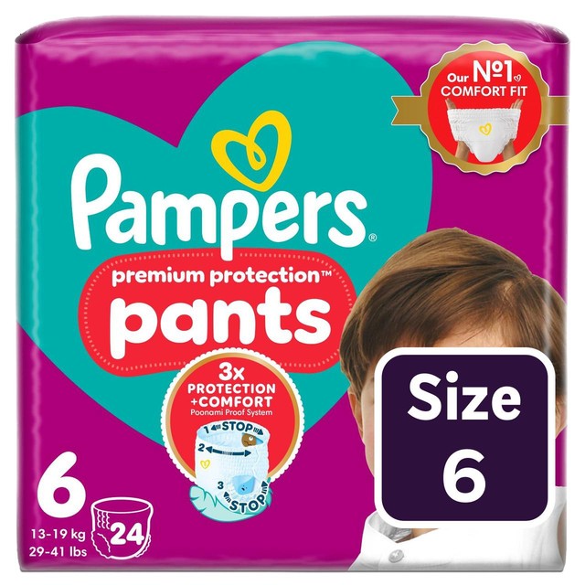 Pampers Premium Protection nappy pants size 6 (15kg+), imported from the UK