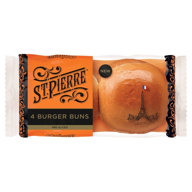 St Pierre pre-sliced white burger buns 4 pack (British brand)