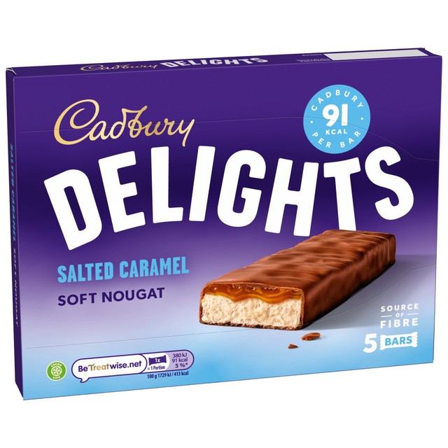 Cadbury Delights soft nougat salted caramel chocolate bars 5 x 22g - British product