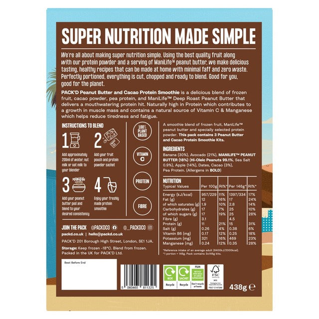 Pack'd Peanut Butter & Chocolate Protein Smoothie Kits 3 x 146g, imported from the UK