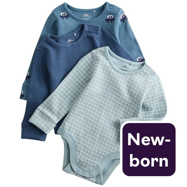M&S baby bodysuits 3-pack with car prints for newborns, imported from the UK