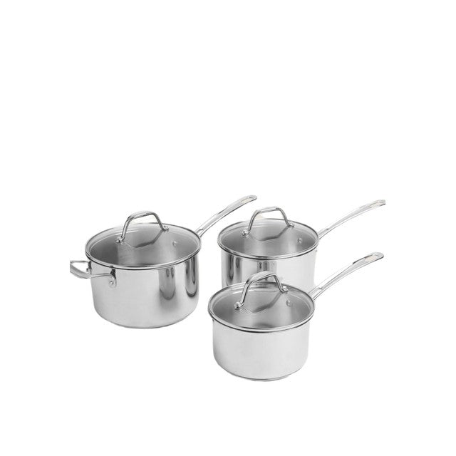 M&S silver 3 piece stainless steel pan set, imported from the UK