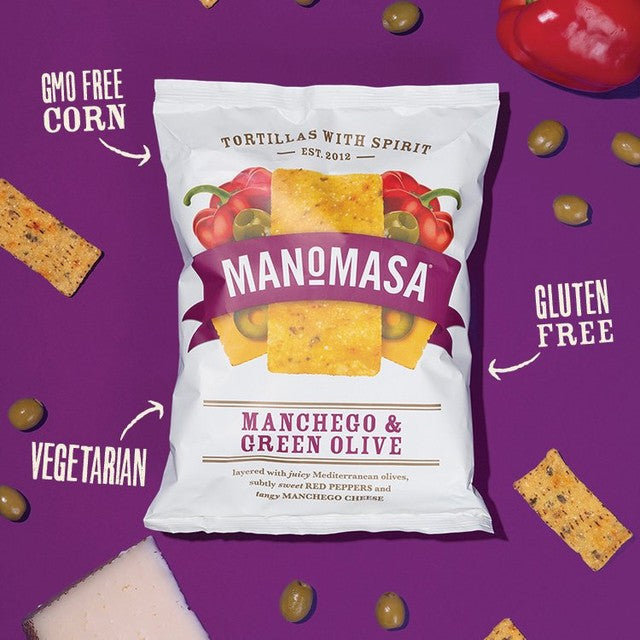 Manomasa Manchego & Green Olive tortilla chips 140g, imported from the UK