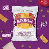Manomasa Manchego & Green Olive tortilla chips 140g, imported from the UK