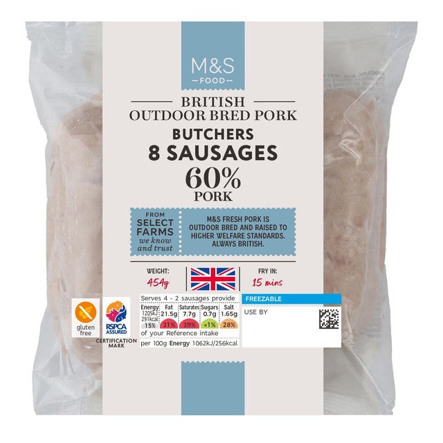 M&S Butchers pork sausages 8 pack 454g, imported from the UK