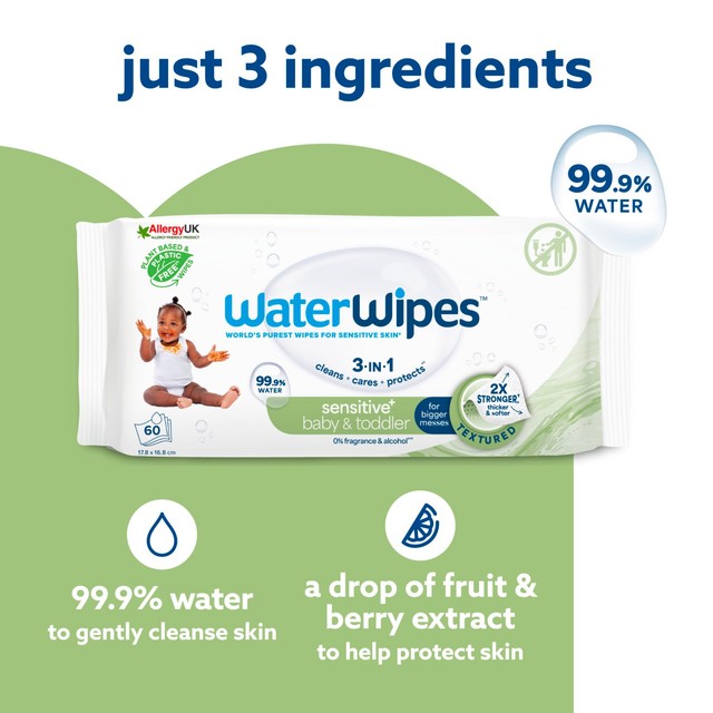 WaterWipes Sensitive+ Baby Toddler Wipes 3-Pack with 180 wipes (British brand)