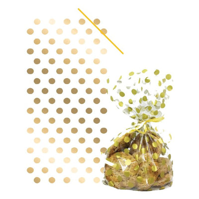 Anniversary House Gold Polka Dot Cello Gift Bags with Twist Ties, Pack of 20
