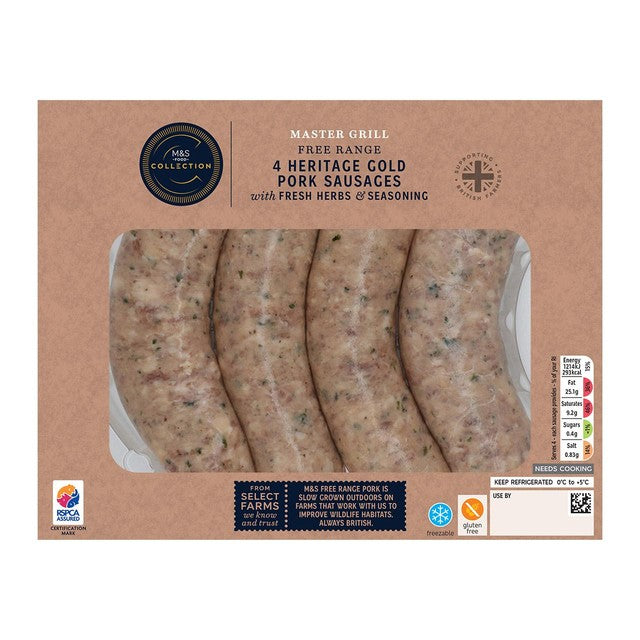 M&S Heritage Gold Master Grill pork sausages 400g, imported from the UK