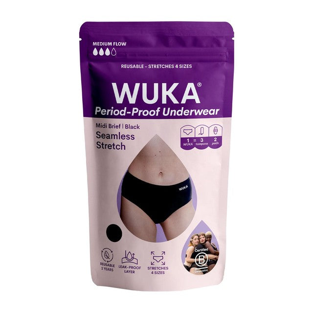 WUKA Stretch Seamless Period Pants Midi Brief Medium Flow Size XS-L (British brand)