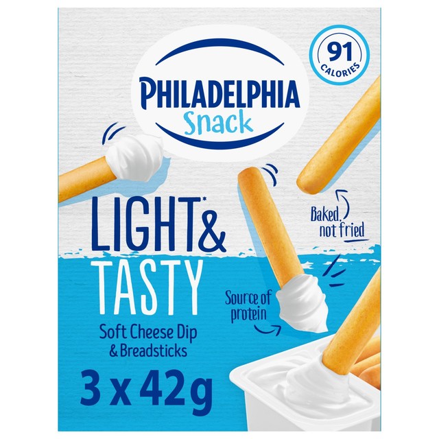Philadelphia Light cheese dip with breadsticks 3 x 42g, imported from the UK
