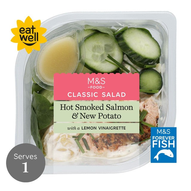 M&S hot smoked salmon and new potato salad with lemon vinaigrette 340g, imported from the UK