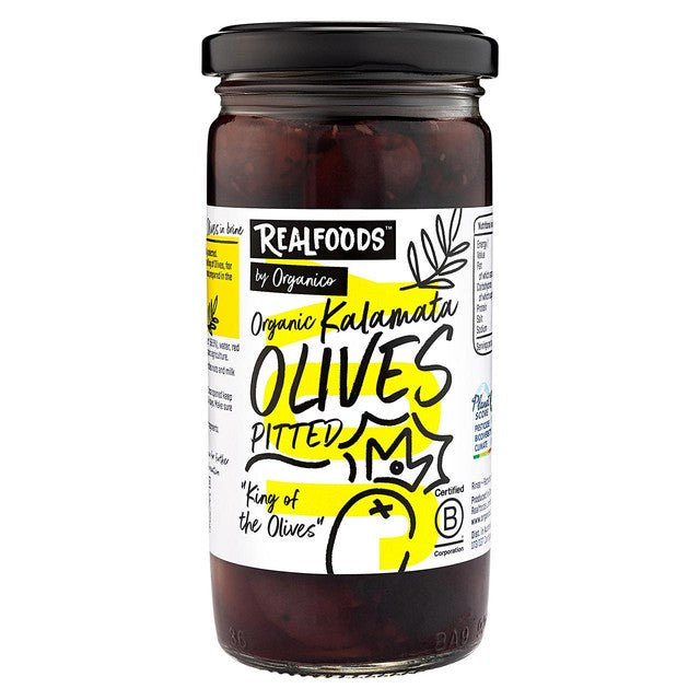 Realfoods by Organico Kalamata pitted olives 230g, imported from the UK