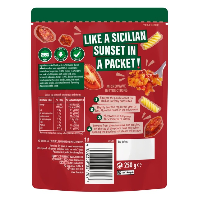 Dolmio Spicy Chorizo Fusilli microwave pasta meal 250g - British product