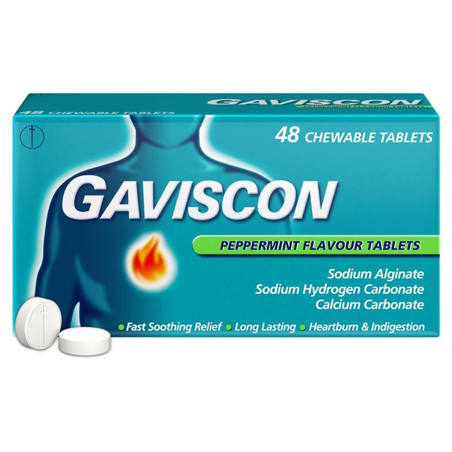 Gaviscon Heartburn & Indigestion Peppermint Tablets 48 Tablets, UK version