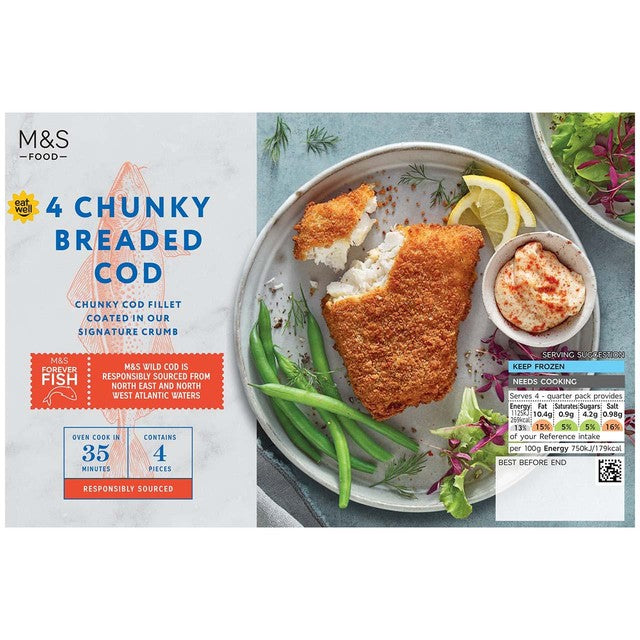 M&S breaded chunky cod fillets frozen 600g, imported from the UK