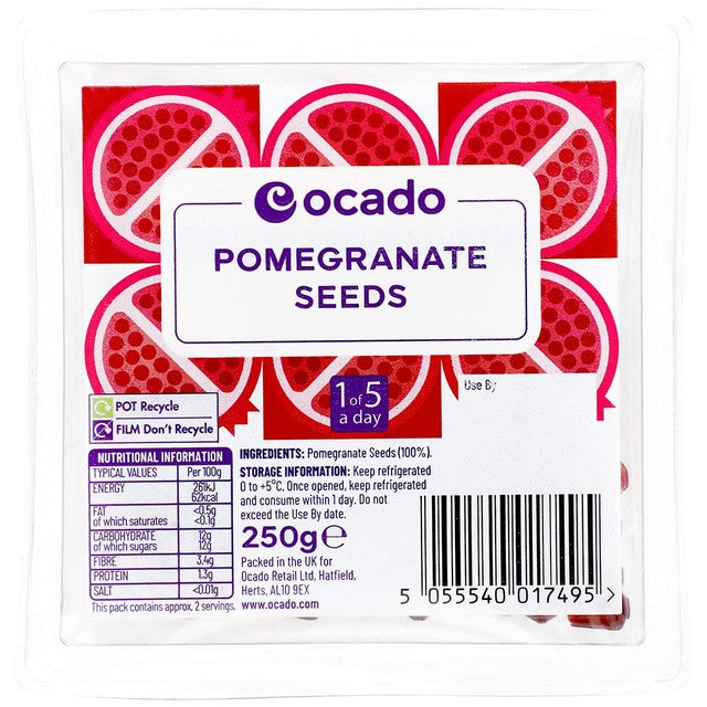 Ocado pomegranate seeds 250g, imported from the UK