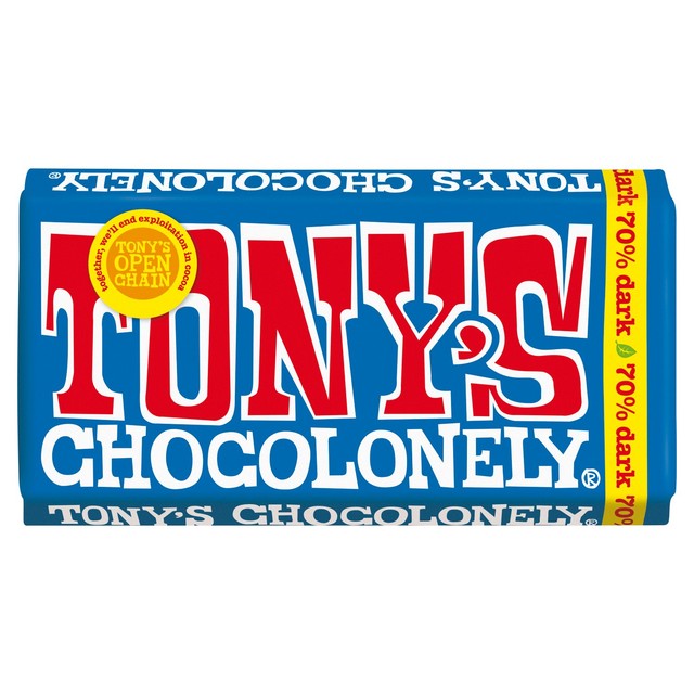 Tony's Chocolonely dark chocolate bar 70% cocoa 180g (British brand)