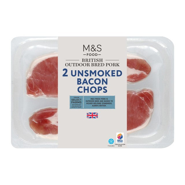 M&S unsmoked bacon chops 206g, imported from the UK