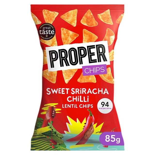 Properchips sweet sriracha lentil chips 85g, imported from the UK