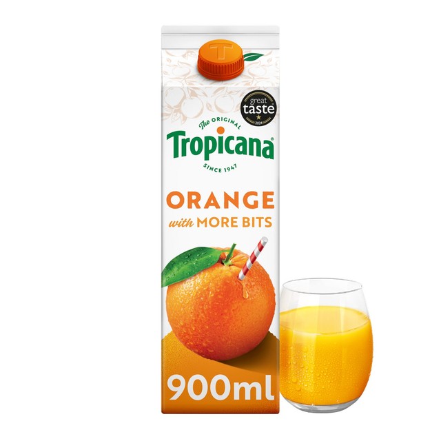 Tropicana orange juice with extra juicy bits 900ml (British brand)