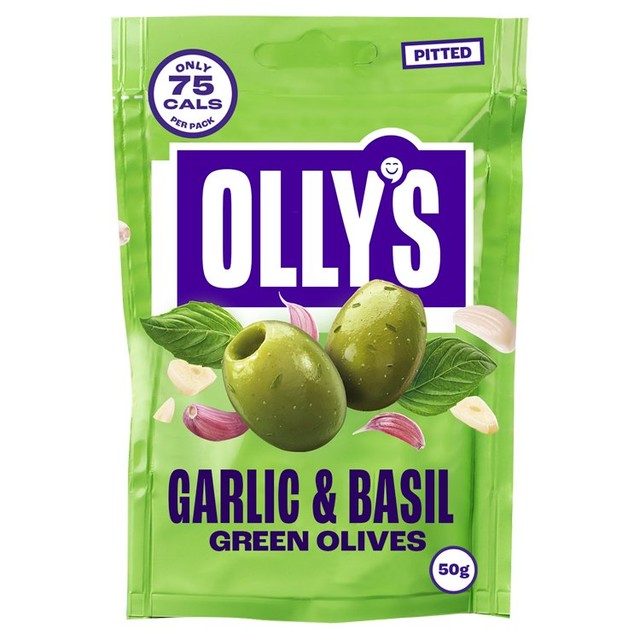 Olly's basil garlic pitted green olives 50g, imported from the UK