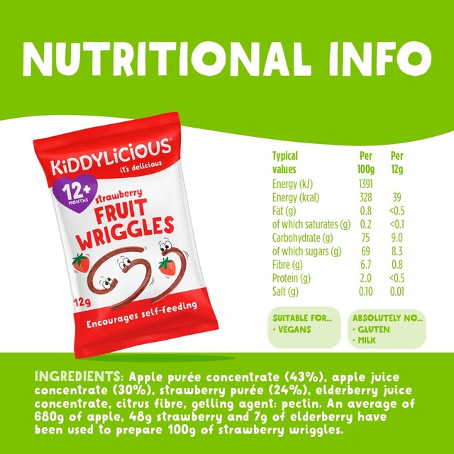 Kiddylicious strawberry wriggles baby snacks 4 x 12g, UK version