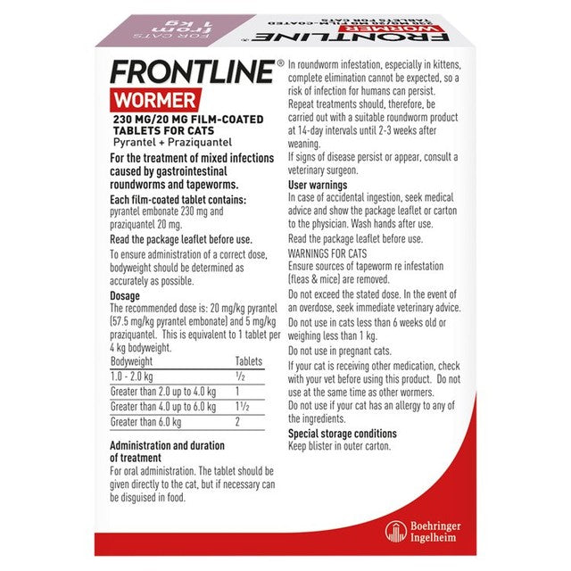 Frontline Cat Wormer Film Coated Tablets 2 per pack - British product