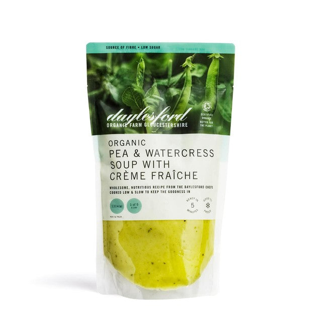 Daylesford Organic pea and watercress soup with creme fraiche 500ml - British product