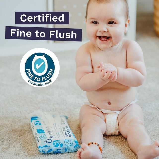 Pura plastic free flushable baby wipes 12 x 60 packs, imported from the UK