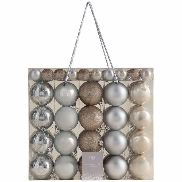 M&S white silver gold baubles pack of 80, imported from the UK