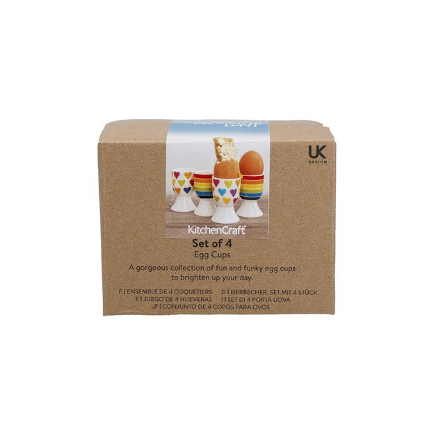 KitchenCraft ceramic egg cup set with rainbow stripes and heart pattern, UK version