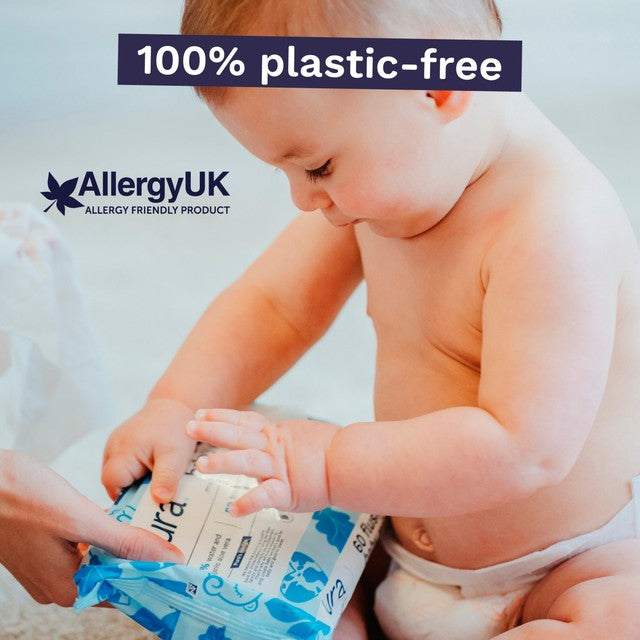 Pura plastic-free flushable baby wipes 3-pack of 60 each, imported from the UK