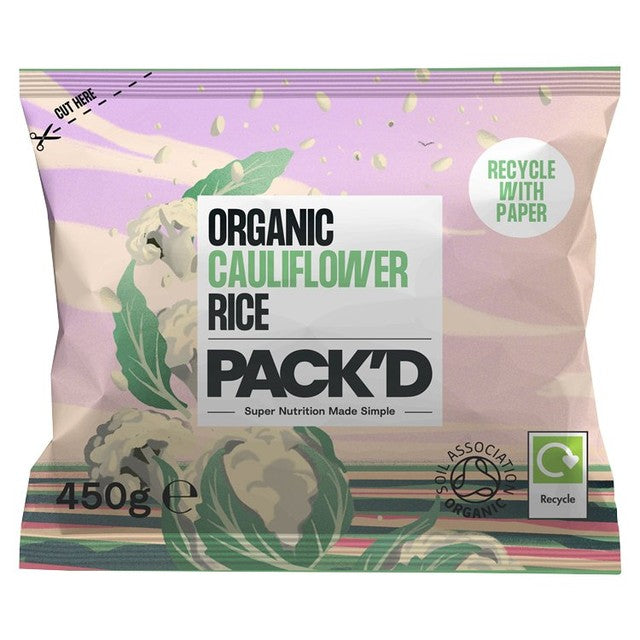 Pack'd organic cauliflower rice 450g, imported from the UK
