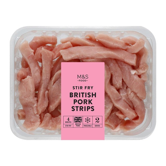 M&S pork stir fry strips 300g, imported from the UK
