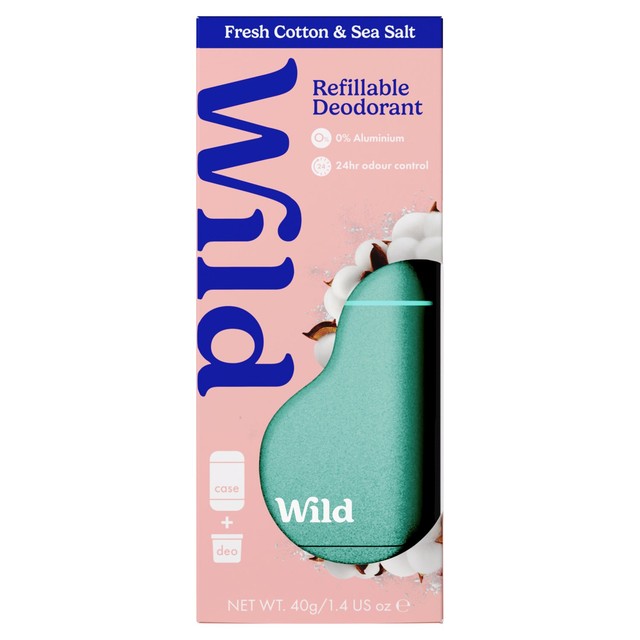 Wild natural deodorant with aqua case and fresh cotton sea salt 40g (British brand)