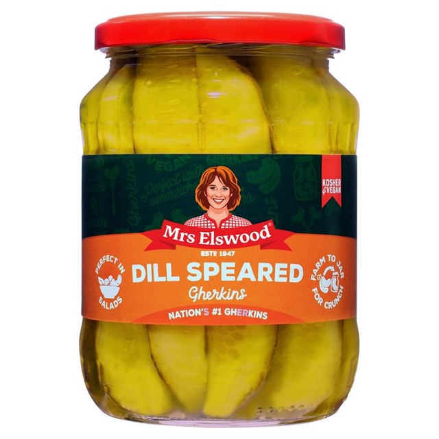 Mrs Elswood dill speared gherkins 670g, imported from the UK