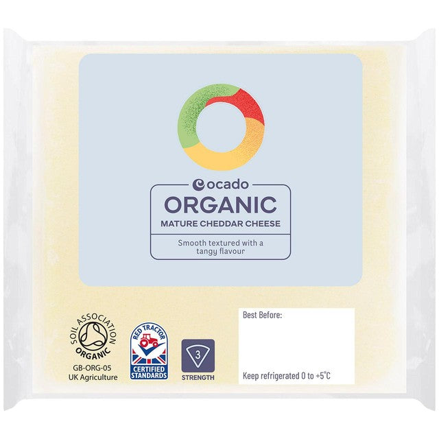 Ocado organic mature cheddar cheese 250g, imported from the UK