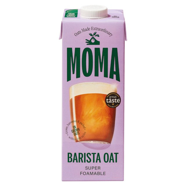 Moma unsweetened barista oat drink in a 1-liter carton, imported from the UK