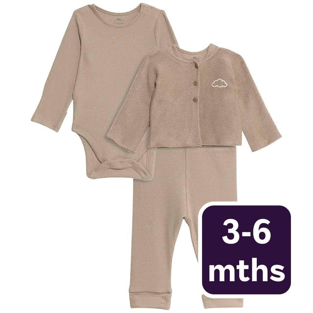 M&S 3-piece cotton rich baby outfit brown 3-6 months, imported from the UK