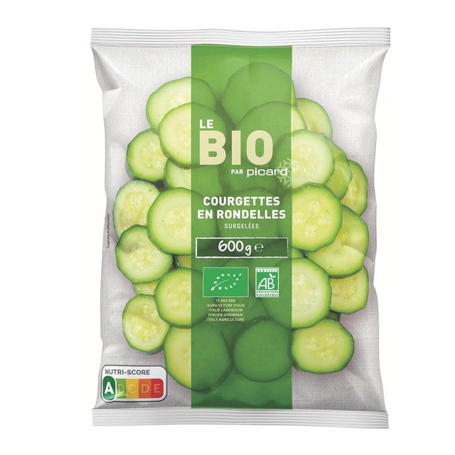 Picard frozen organic courgette slices 600g, imported from the UK