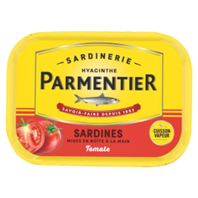 Parmentier sardines in tomato sauce 135g can, UK version