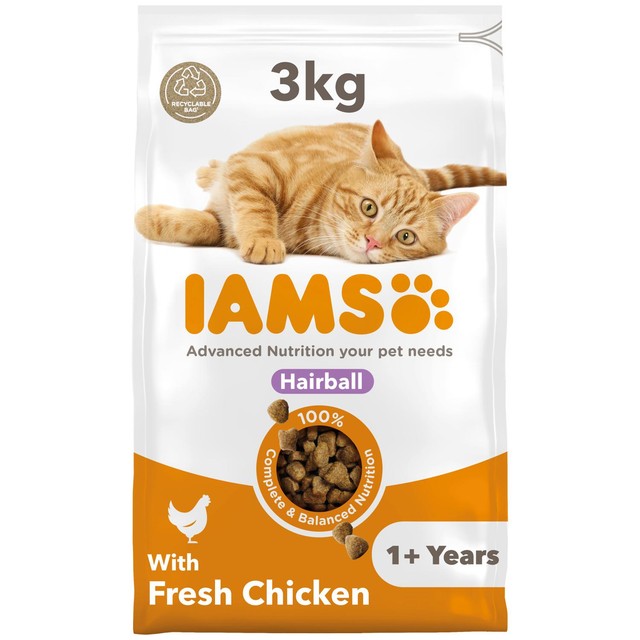 IAMS hairball dry cat food with chicken 3kg, UK version